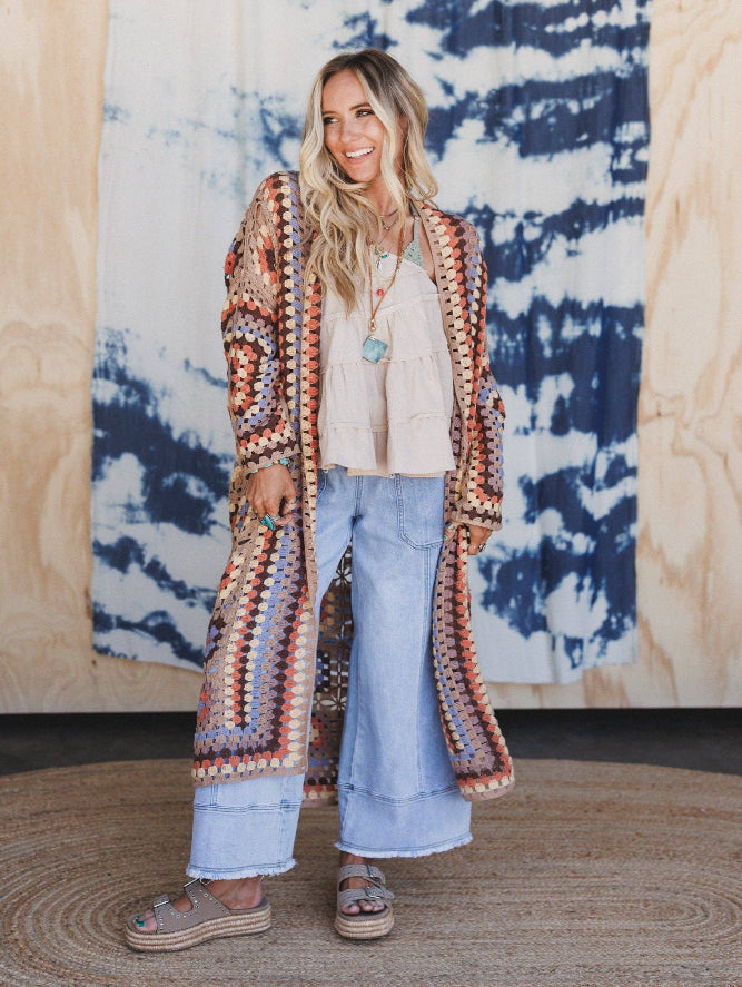 Three Bird Nest Crochet Patchwork Cardigan – Multicolor Boho Knit Duster | Boho Boutique Clothing