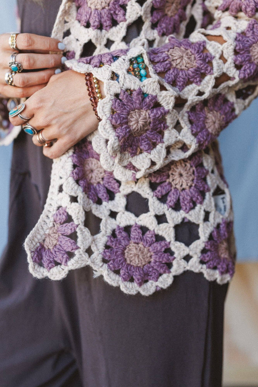 Three Bird Nest Floral Crochet Cardigan – Purple & Cream Artisan Boho Layering Piece | Boho Boutique Clothing