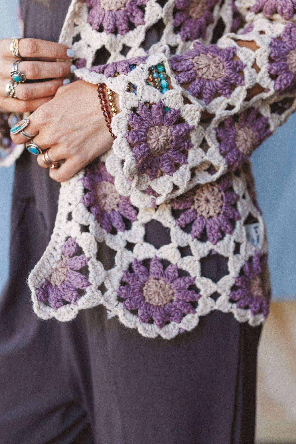 Three Bird Nest Floral Crochet Cardigan – Purple & Cream Artisan Boho Layering Piece | Boho Boutique Clothing