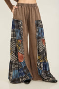 JHER Mineral‑Washed Tiered Plaid Wide Flare Pants