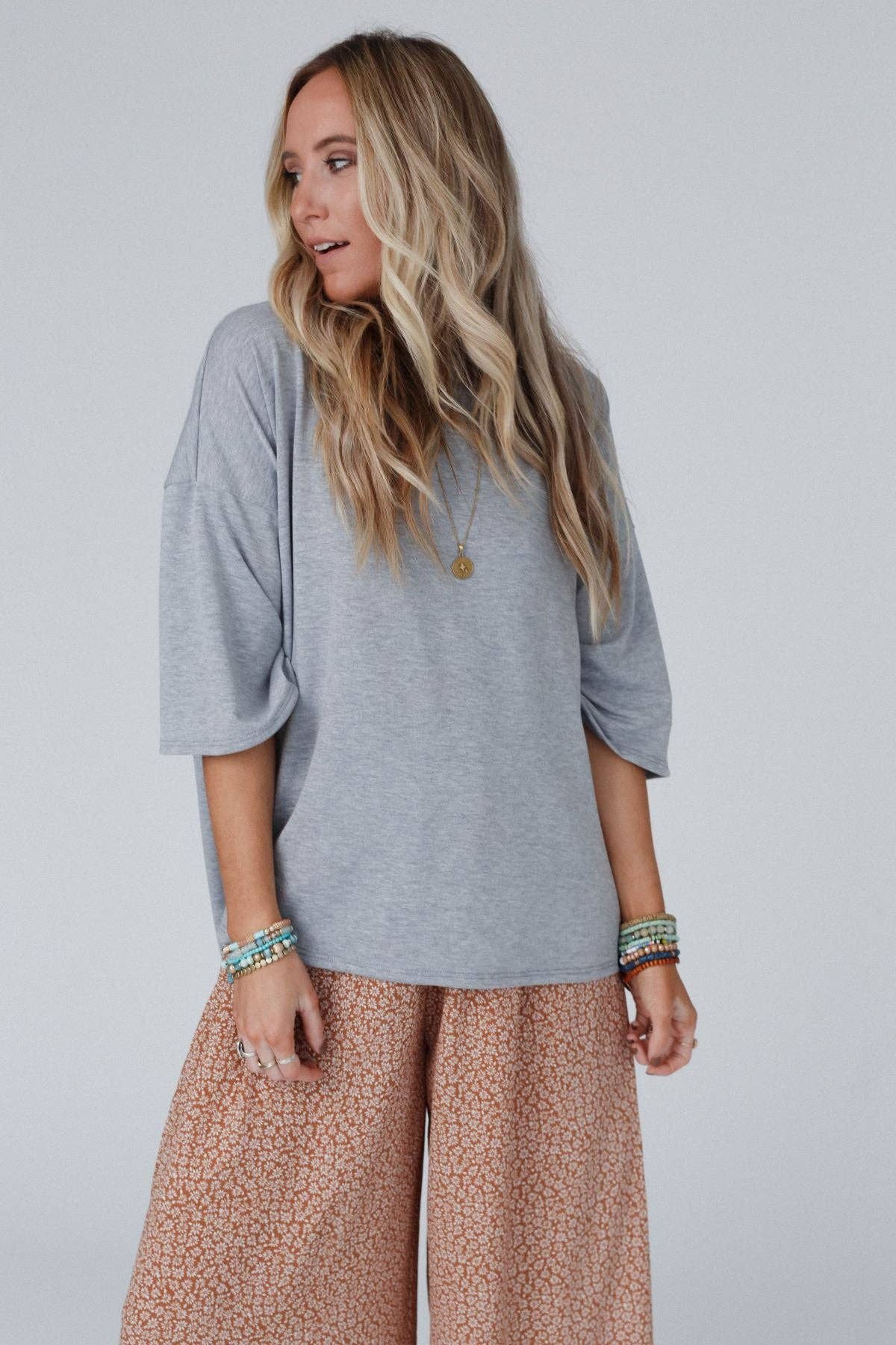 Three Bird Nest Scalloped Hem Open‑Back Top – Light Gray Boho Blouse | Boho Boutique Clothing