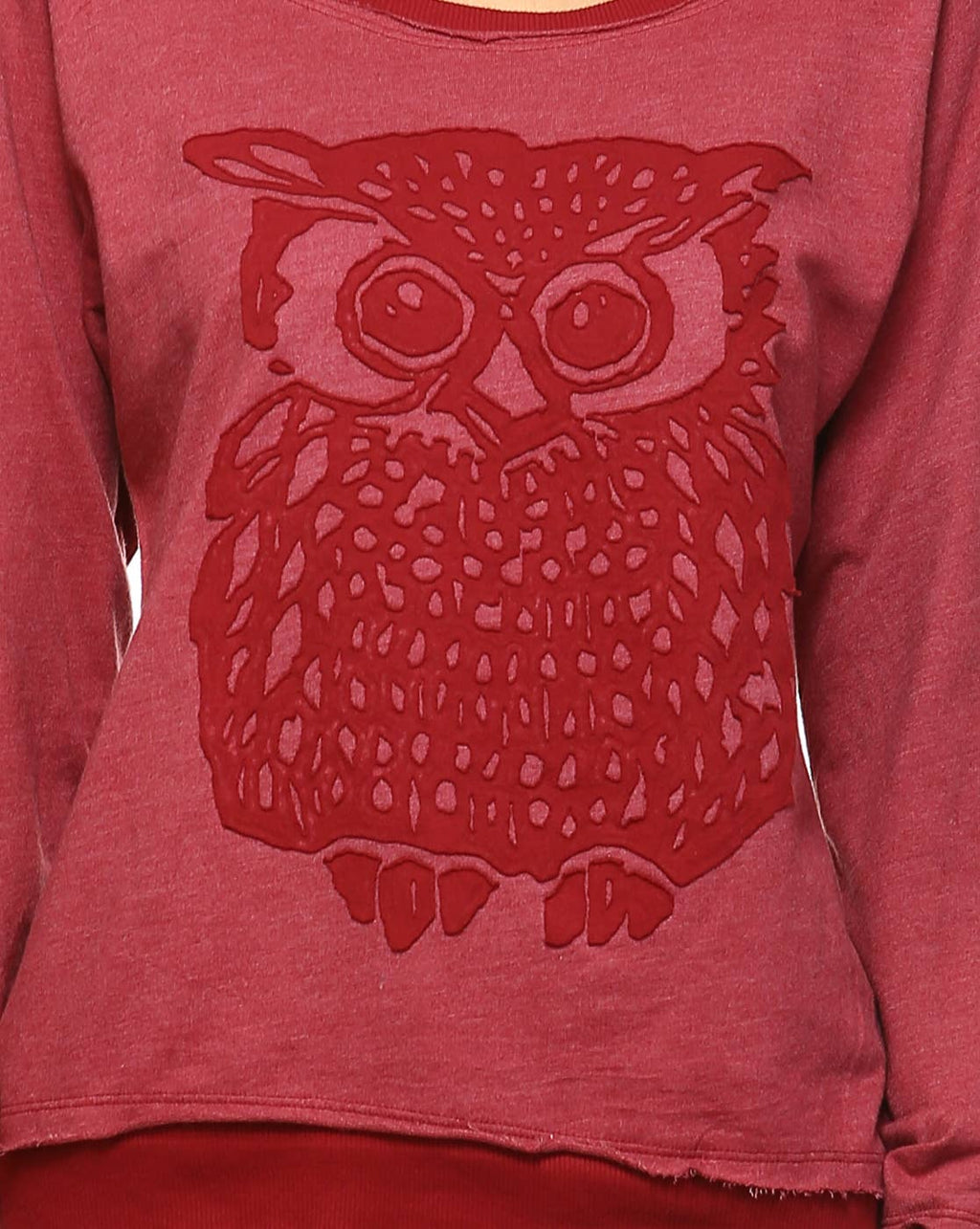 Boat neck Long sleeve French terry pull over sweater w/Owl