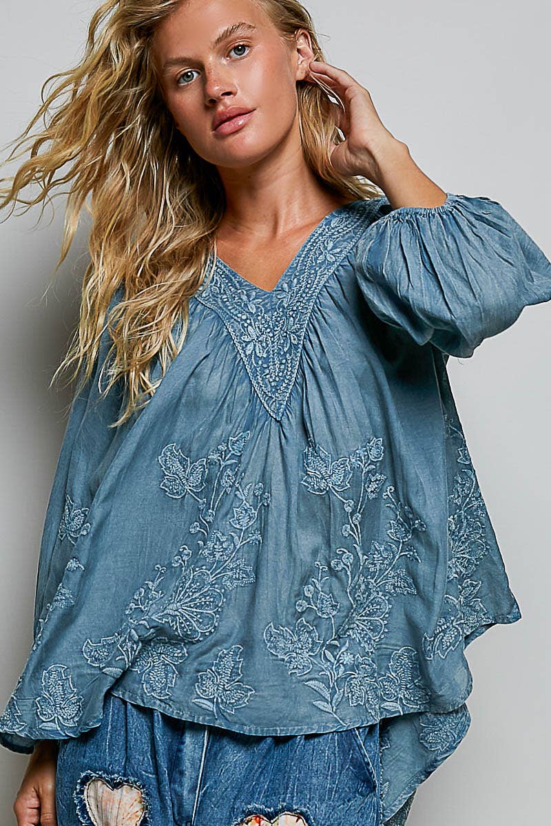 POL Artisanal Charm Floral Embroidered V‑Neck Blouse – Boho Peasant Top with 3/4 Sleeves | Boho Boutique Clothing