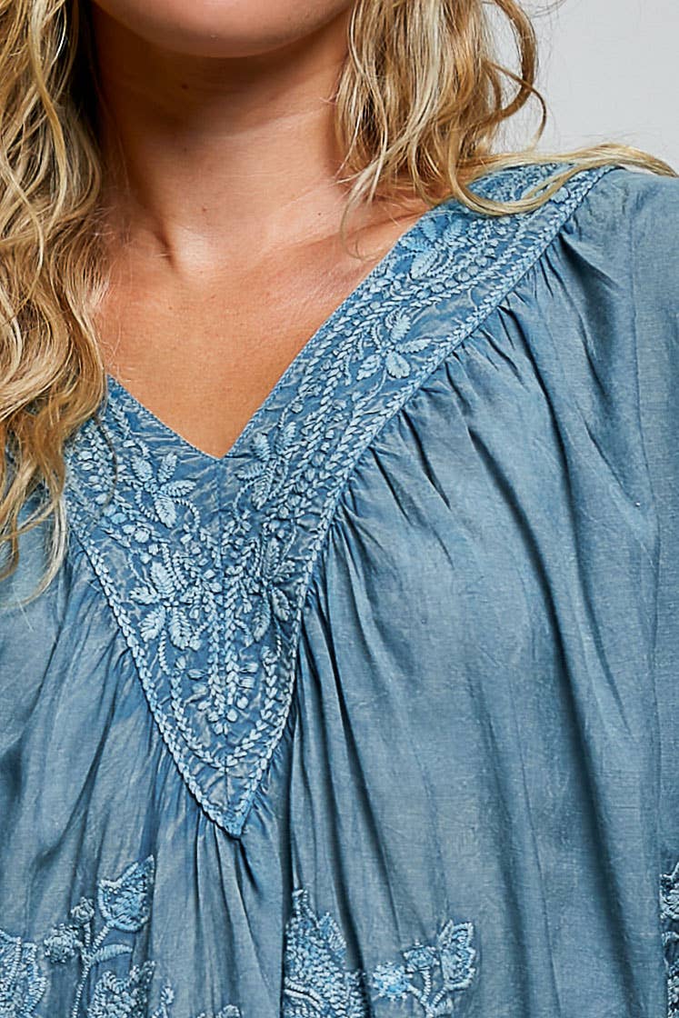 POL Artisanal Charm Floral Embroidered V‑Neck Blouse – Boho Peasant Top with 3/4 Sleeves | Boho Boutique Clothing
