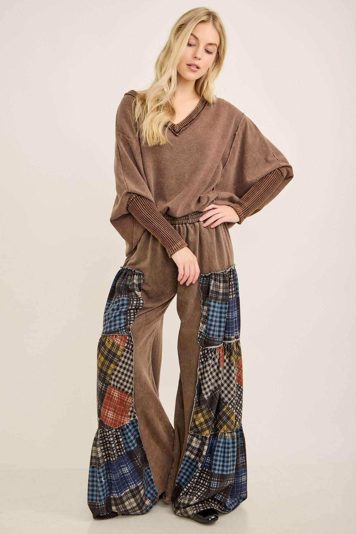 JHER Mineral‑Washed Tiered Plaid Wide Flare Pants
