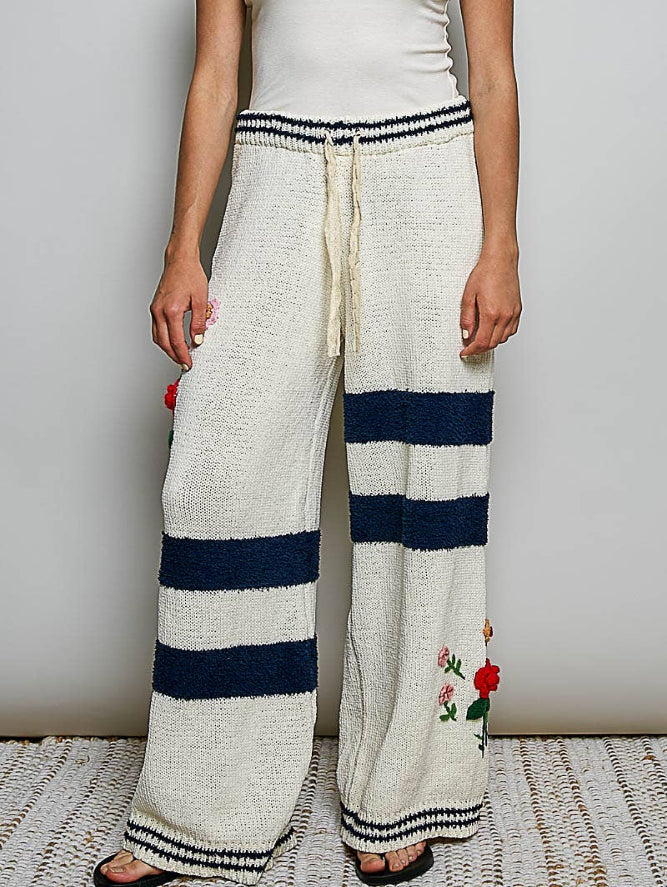 Pol Clothing - Striped Pattern 3D Embroidered Chenille Sweater Pants