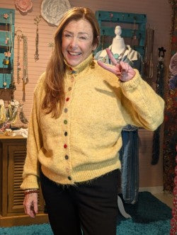 POL High‑Neck Button Sweater – Mustard Boho Knit with Color Pop Buttons | Boho Boutique Clothing