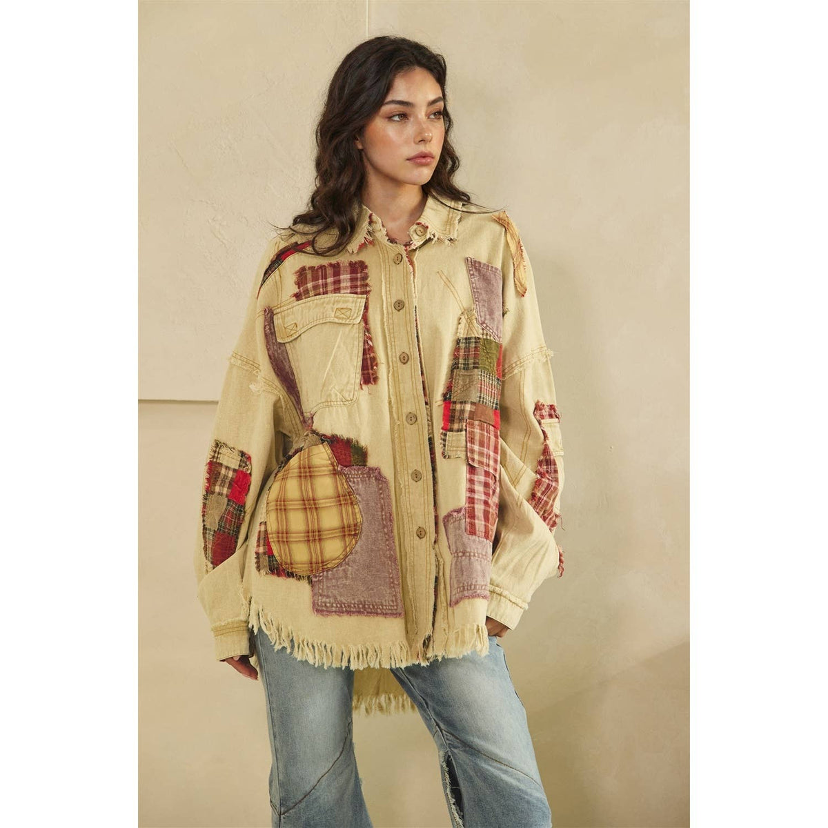 Oli & Hali Patchwork Button‑Up Shacket – Beige Rustic Boho Jacket | Boho Boutique Clothing