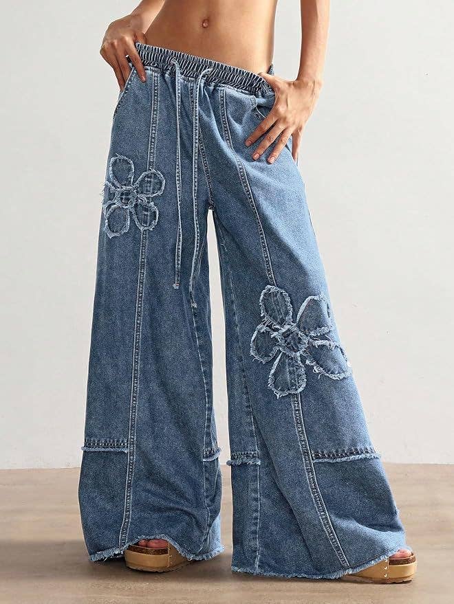 Rosa Clothing - Western Boho Vintage Floral Drawstring Seamed Jeans