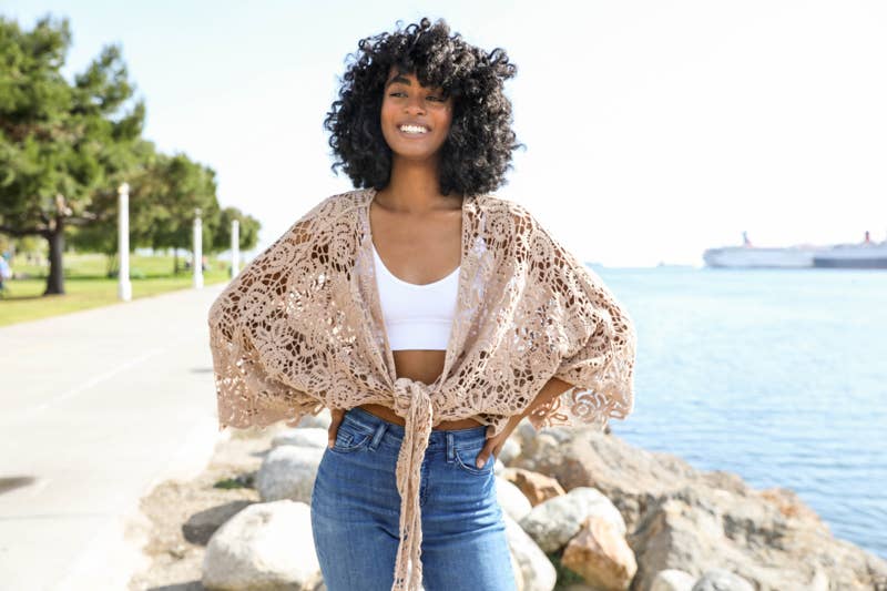 Leto Crochet Floral Kimono – Sheer Tie‑Front Boho Layer | Boho Boutique Clothing
