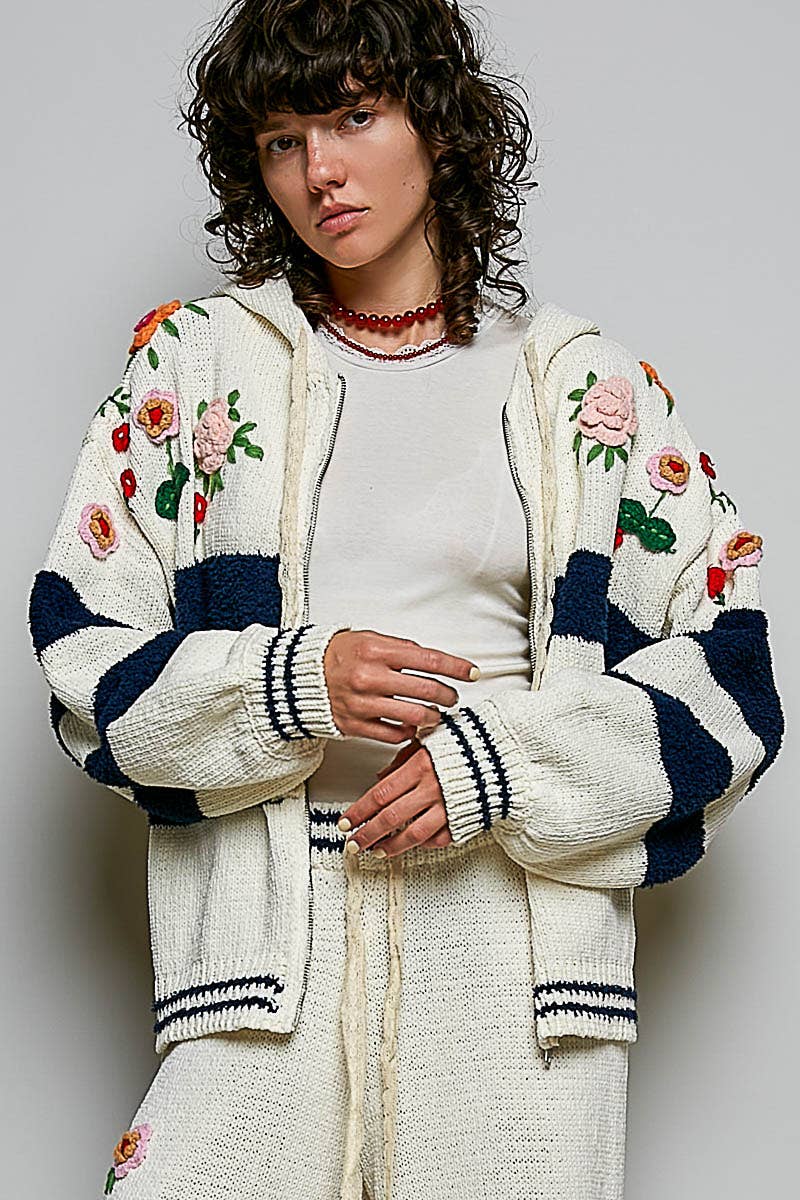 Pol Clothing - Striped Pattern 3D Embroidered Hoodie Zip Up Sweater Top