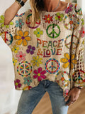 Rosa Clothing - Ethnic Colored Peace&Love Print Batwing Sleeve Knit Top