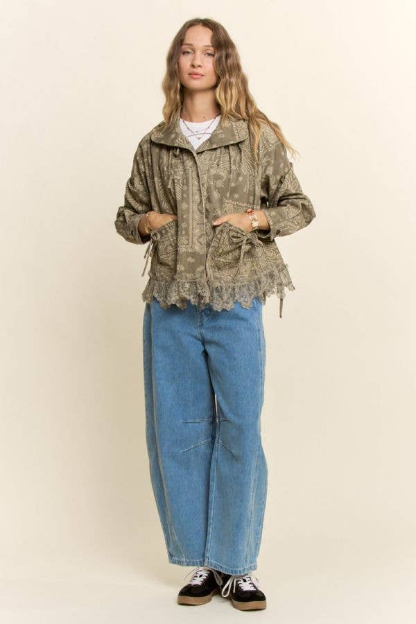 Davi & Dani Frayed Hem Pattern Jacket – Taupe Textured Boho Shacket | Boho Boutique Clothing