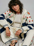 Pol Clothing - Striped Pattern 3D Embroidered Hoodie Zip Up Sweater Top