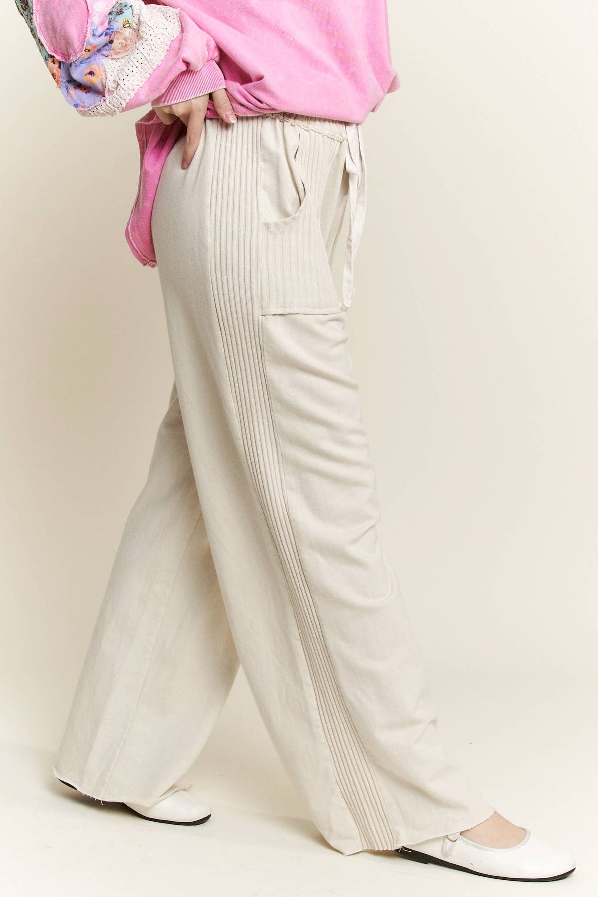 JHER Mineral‑Washed Side Knit Detail Wide‑Leg Pants