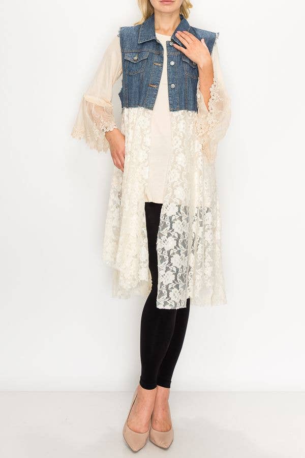 Origami Denim & Lace‑Style Layering Vest – Blue Boho Sleeveless Jacket | Boho Boutique Clothing