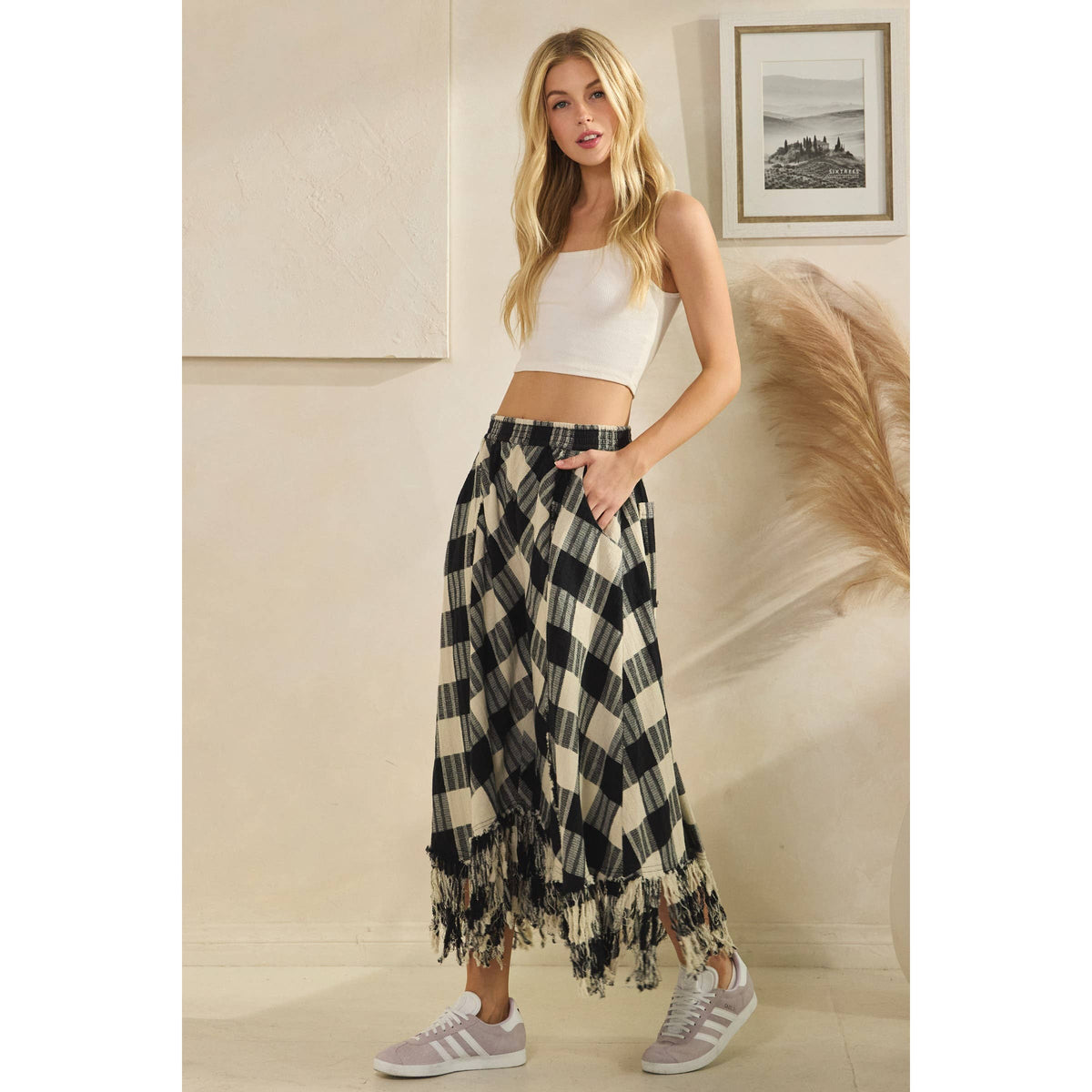 Oli&Hali - WASHED CHECKERED PANTS WITH FRAYED HEM