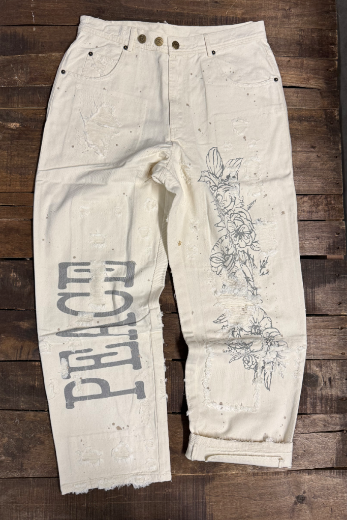 Peace and Love Jeans - Parchment Peace - Cotton Barrel Pants – Cream Graphic Print Boho Lounge Pants | Boho Boutique Clothing