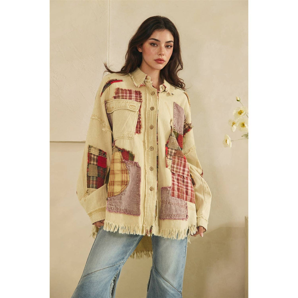 Oli & Hali Patchwork Button‑Up Shacket – Beige Rustic Boho Jacket | Boho Boutique Clothing