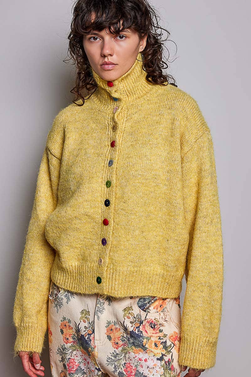 POL High‑Neck Button Sweater – Mustard Boho Knit with Color Pop Buttons | Boho Boutique Clothing