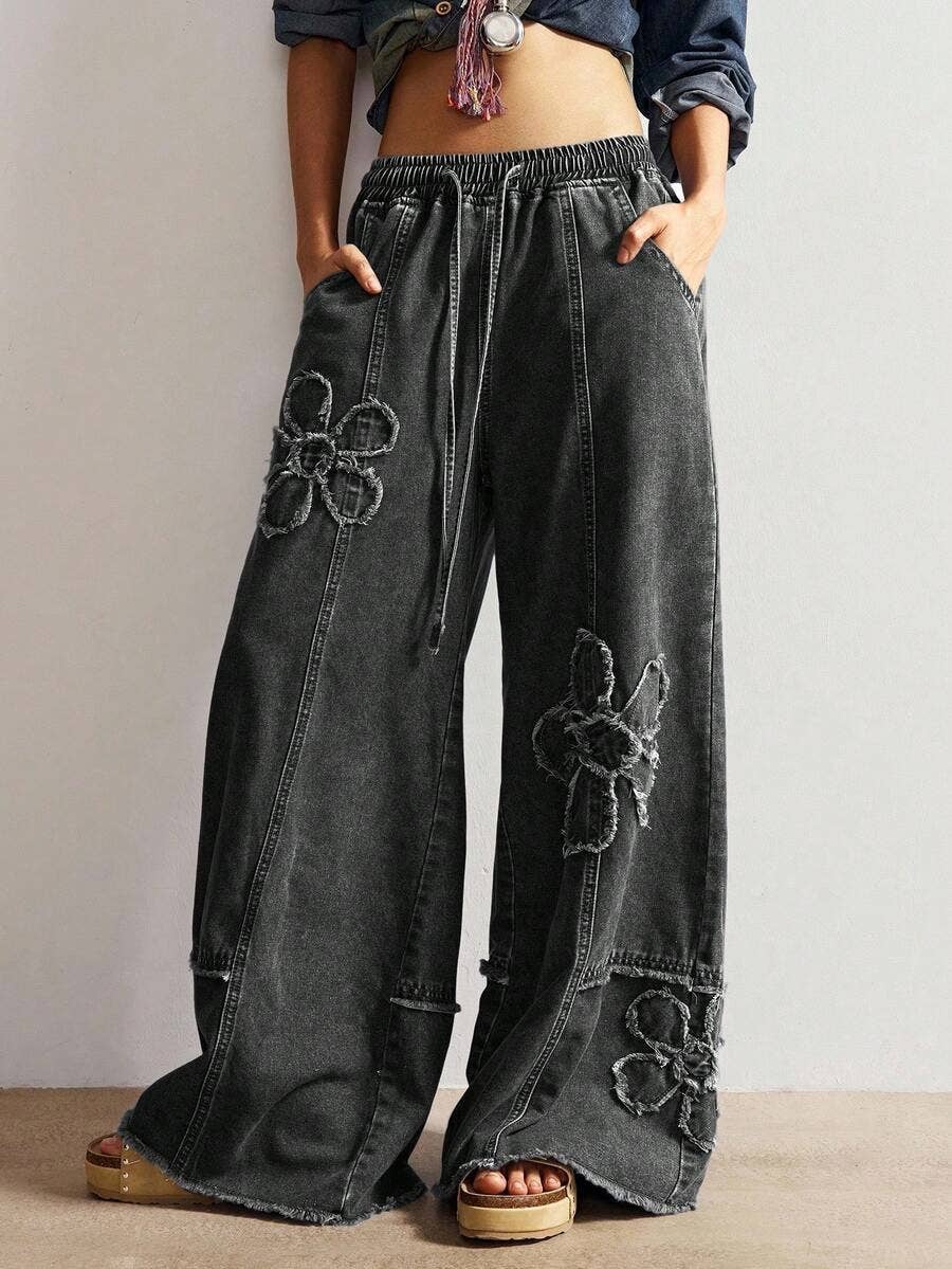 Rosa Clothing - Western Boho Vintage Floral Drawstring Seamed Jeans