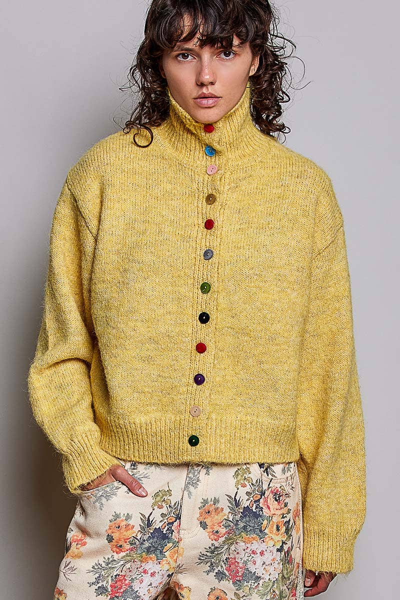 POL High‑Neck Button Sweater – Mustard Boho Knit with Color Pop Buttons | Boho Boutique Clothing