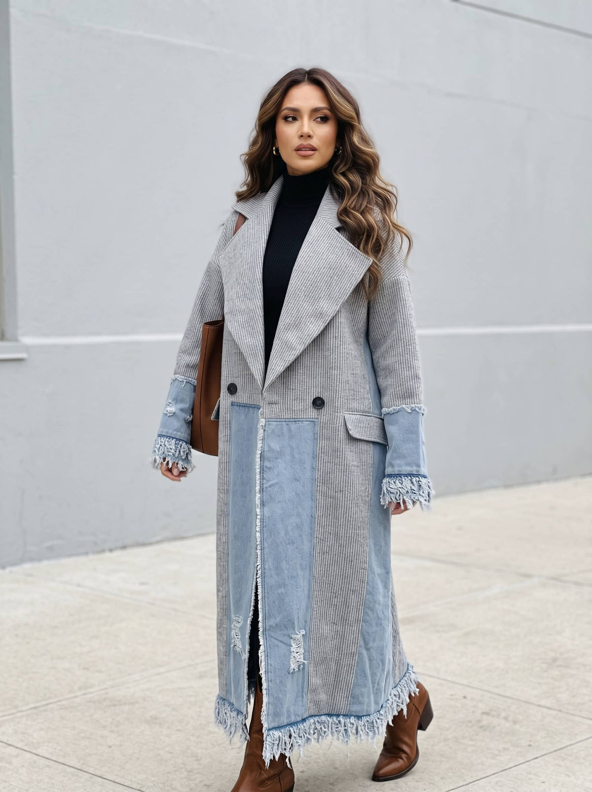 Athina Collection Denim‑Trim Coat – Gray Boho Longline Frayed Jacket | Boho Boutique Clothing
