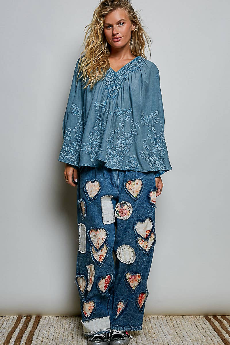 POL Artisanal Charm Floral Embroidered V‑Neck Blouse – Boho Peasant Top with 3/4 Sleeves | Boho Boutique Clothing