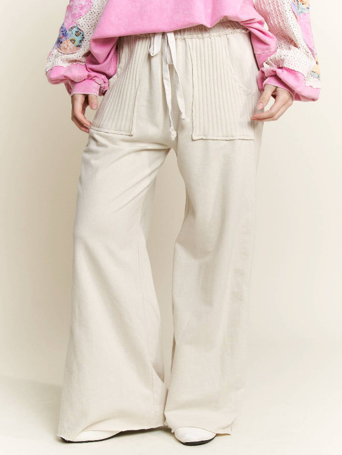 JHER Mineral‑Washed Side Knit Detail Wide‑Leg Pants