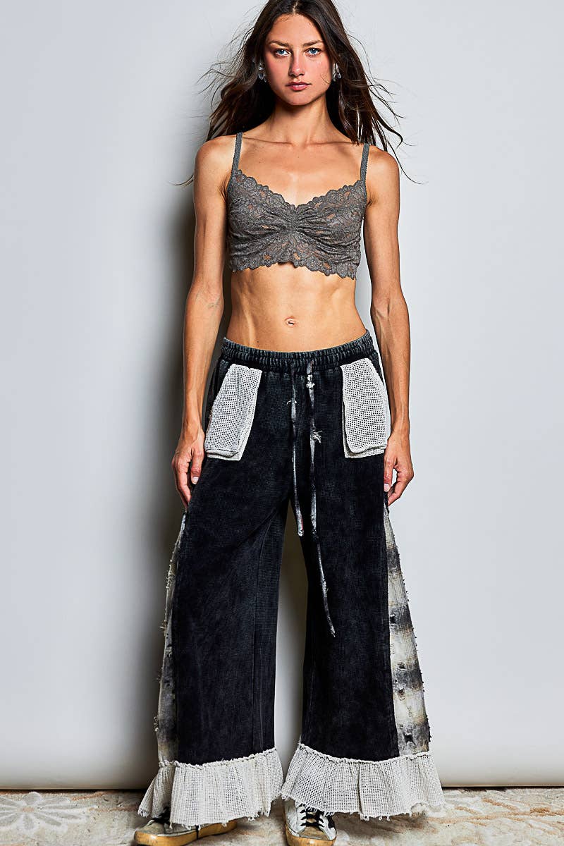 POL Patchwork Tie‑Dye Wide‑Leg Pants – Black Boho Drawstring Bottoms | Boho Boutique Clothing