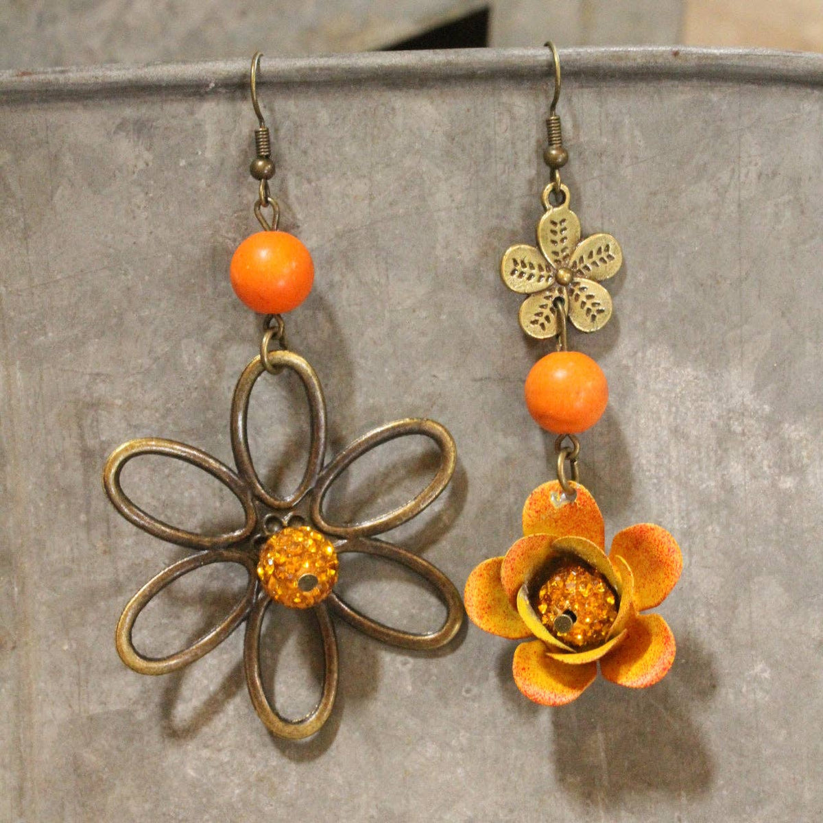 Color Explosion Orange Flower Dangle Earrings-Boho Boutique Earrings