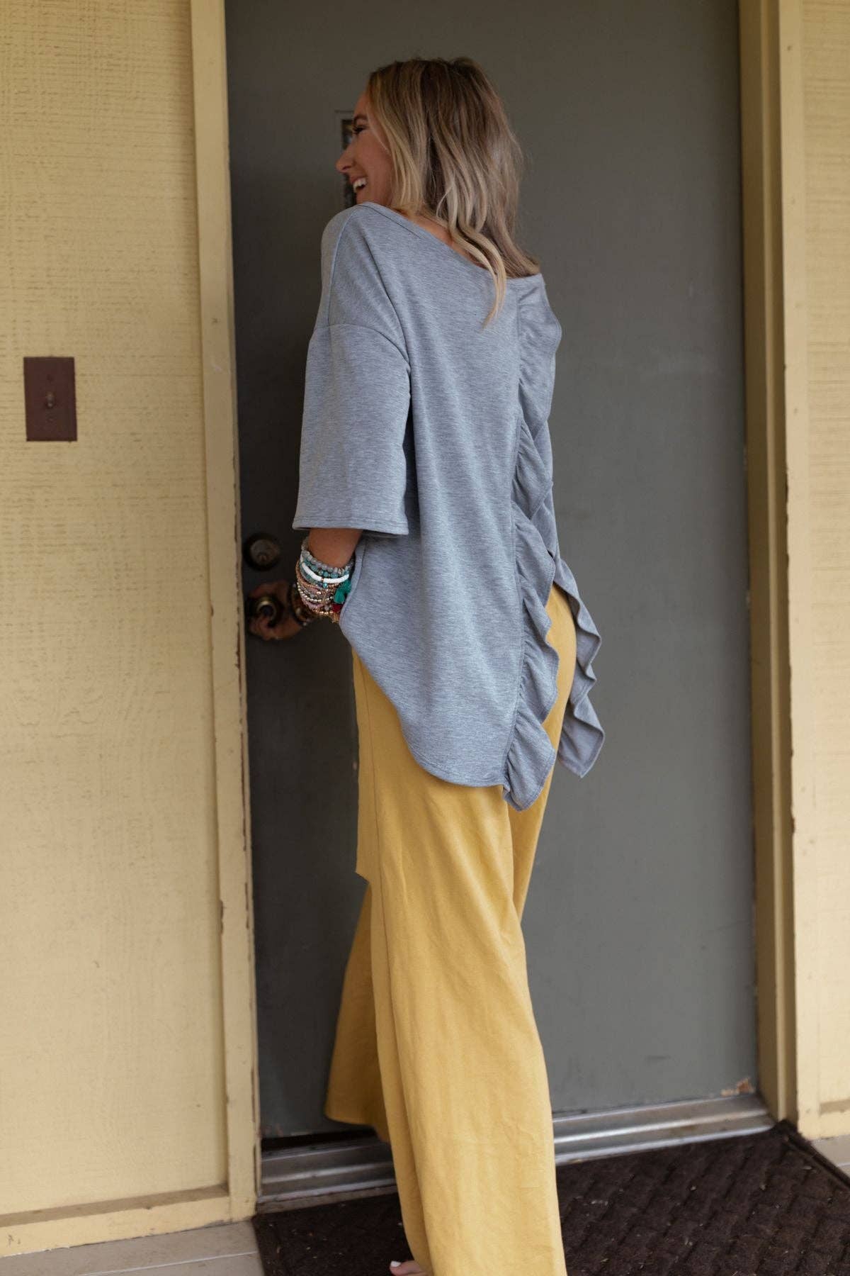 Three Bird Nest Scalloped Hem Open‑Back Top – Light Gray Boho Blouse | Boho Boutique Clothing
