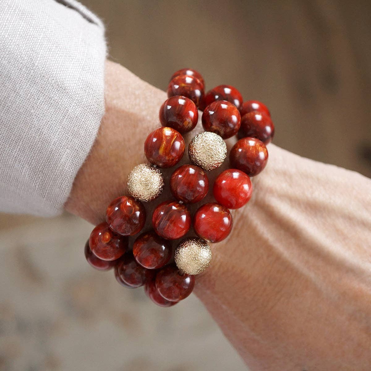 Chunky Beaded Stretch Bracelet Set – Fall Glow: Cranberry