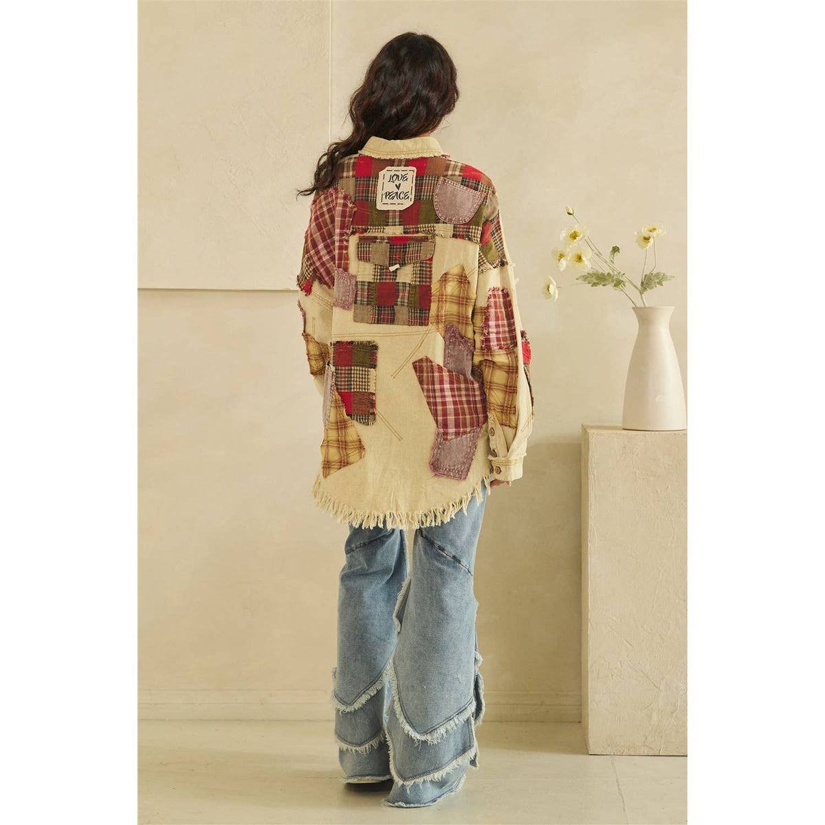Oli & Hali Patchwork Button‑Up Shacket – Beige Rustic Boho Jacket | Boho Boutique Clothing