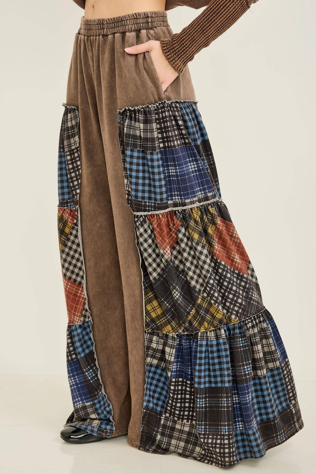 JHER Mineral‑Washed Tiered Plaid Wide Flare Pants