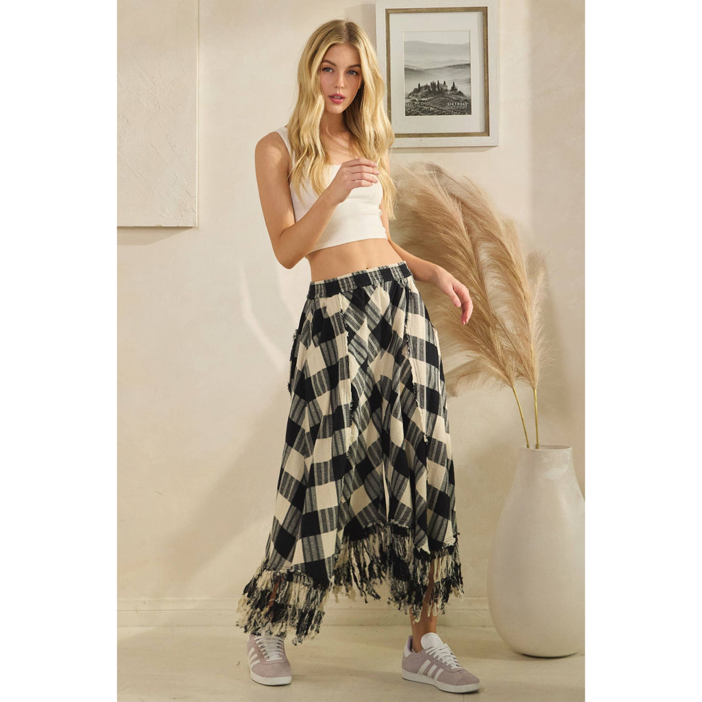 Oli&Hali - WASHED CHECKERED PANTS WITH FRAYED HEM