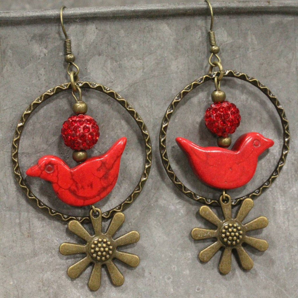 Bird Chirping Red Dangle Earrings