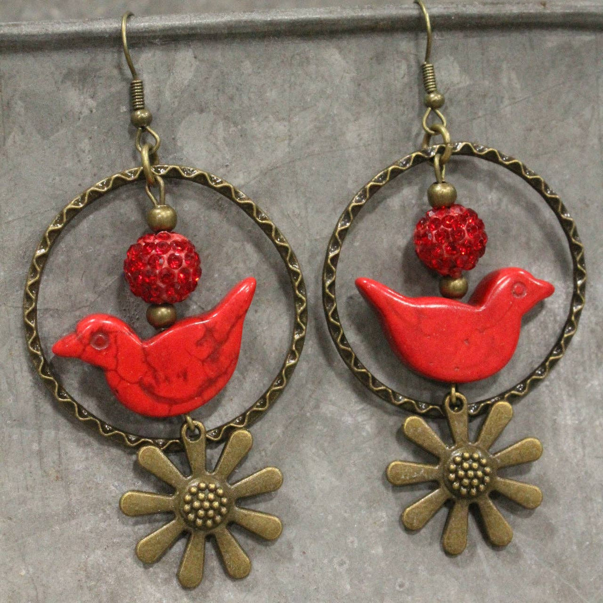 Bird Chirping Red Dangle Earrings
