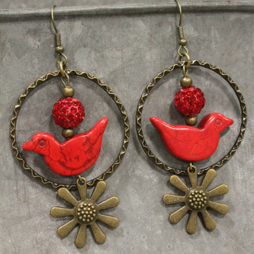 Bird Chirping Red Dangle Earrings