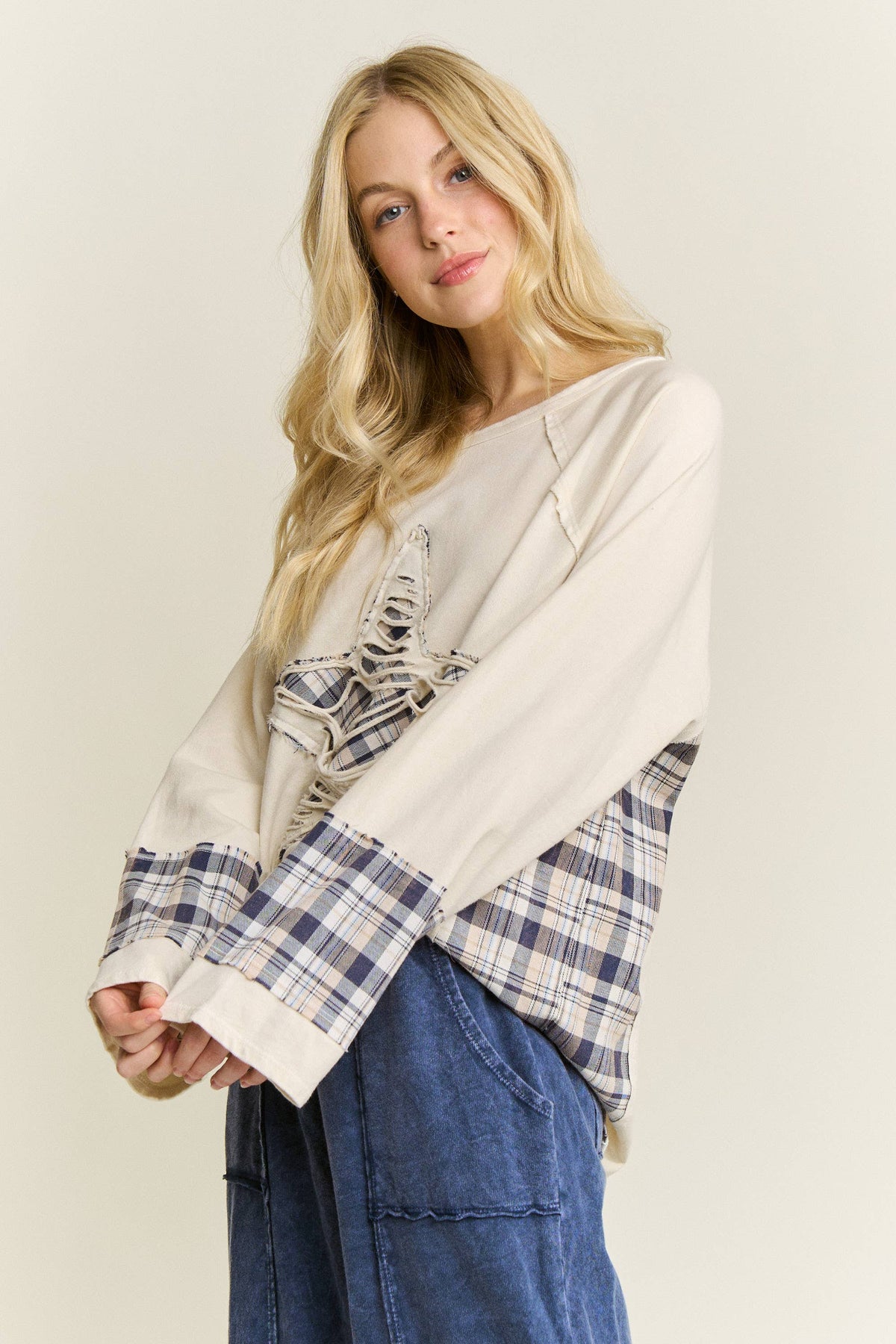 JHER Mineral‑Washed Distressed Star Patch Plaid Top