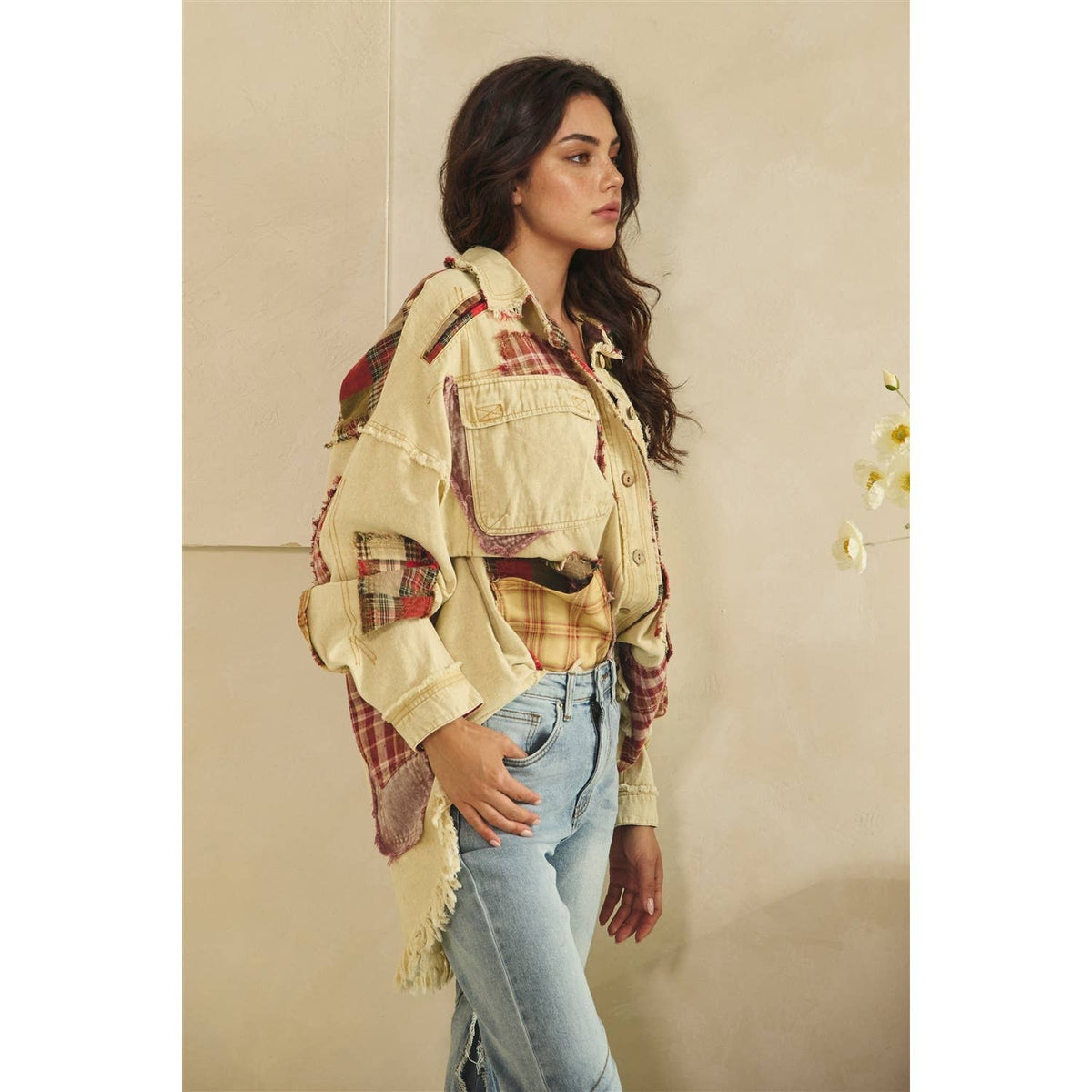 Oli & Hali Patchwork Button‑Up Shacket – Beige Rustic Boho Jacket | Boho Boutique Clothing