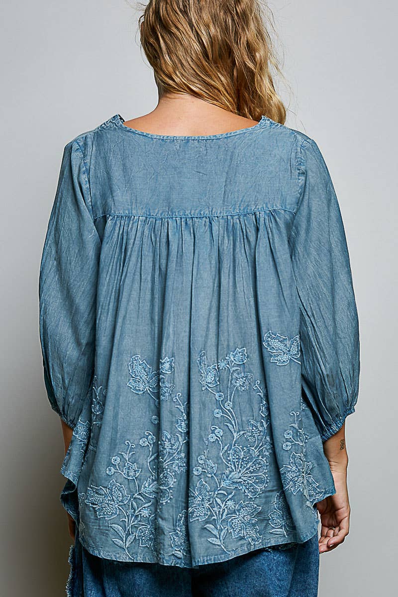 POL Artisanal Charm Floral Embroidered V‑Neck Blouse – Boho Peasant Top with 3/4 Sleeves | Boho Boutique Clothing