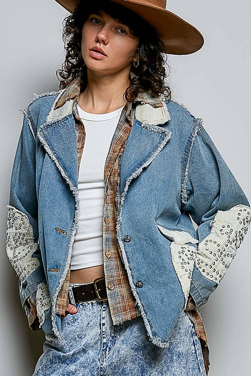 POL Corduroy Patch Vintage‑Washed Jam Stud Floral Jacket