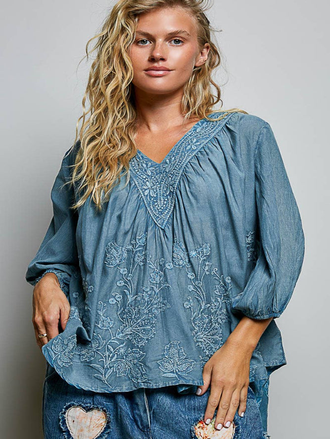 POL Artisanal Charm Floral Embroidered V‑Neck Blouse – Boho Peasant Top with 3/4 Sleeves | Boho Boutique Clothing