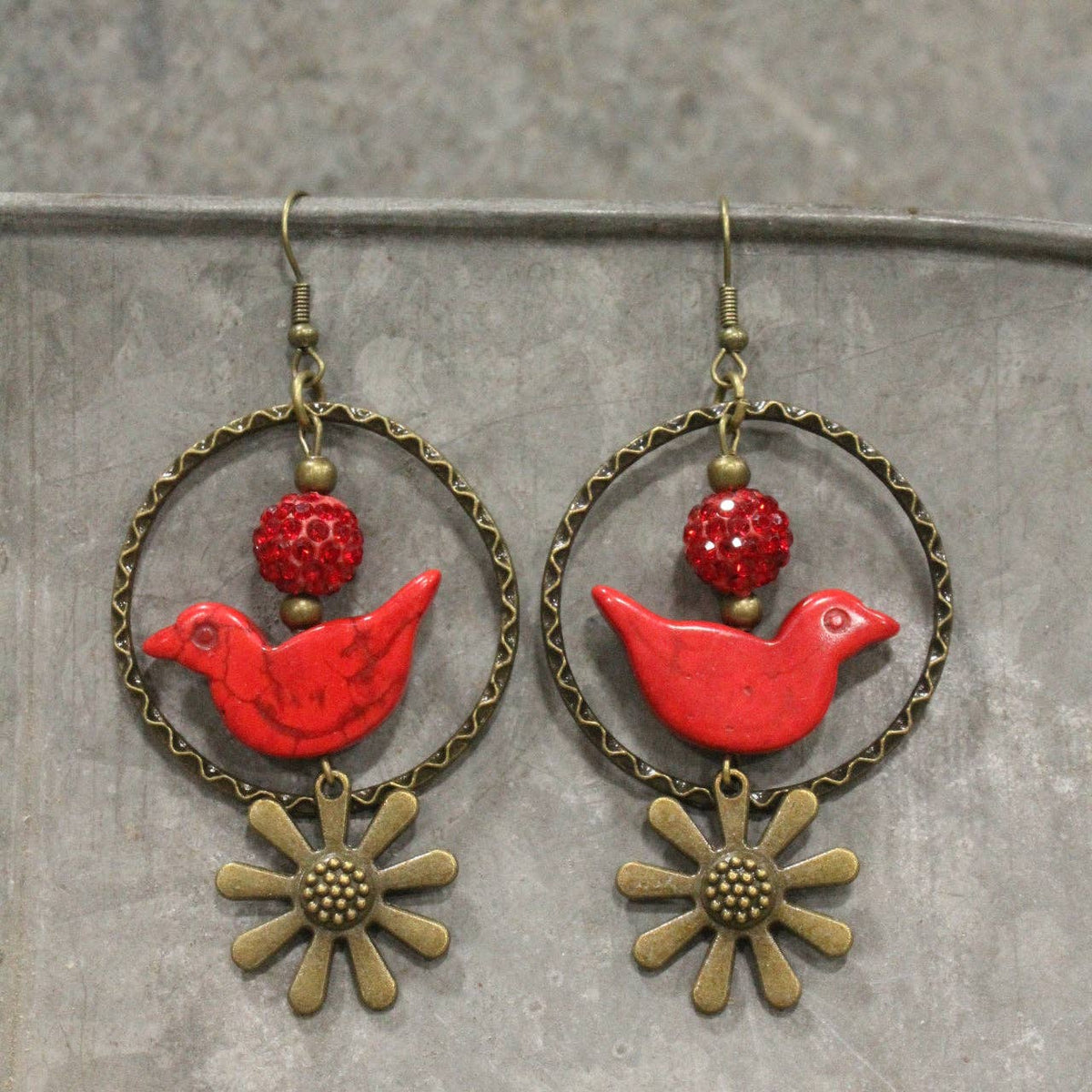 Bird Chirping Red Dangle Earrings