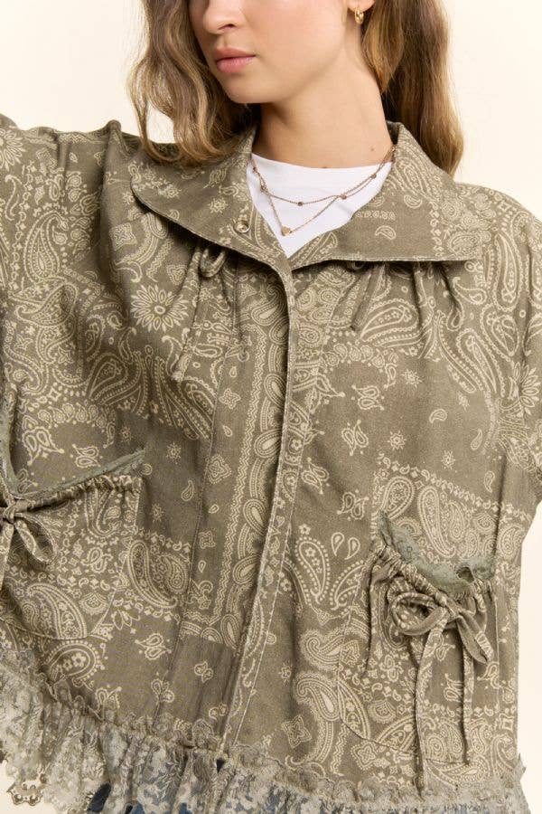 Davi & Dani Frayed Hem Pattern Jacket – Taupe Textured Boho Shacket | Boho Boutique Clothing