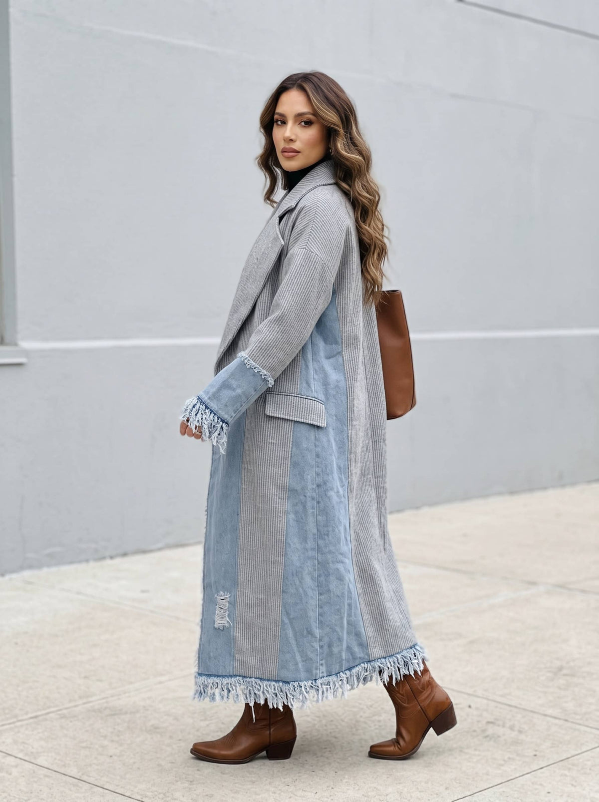 Athina Collection Denim‑Trim Coat – Gray Boho Longline Frayed Jacket | Boho Boutique Clothing