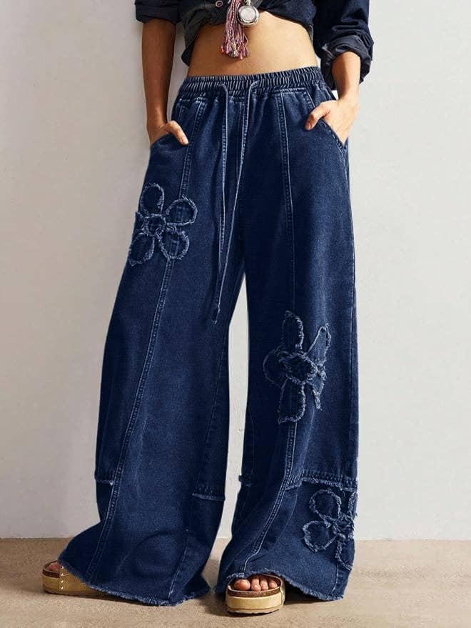 Rosa Clothing - Western Boho Vintage Floral Drawstring Seamed Jeans