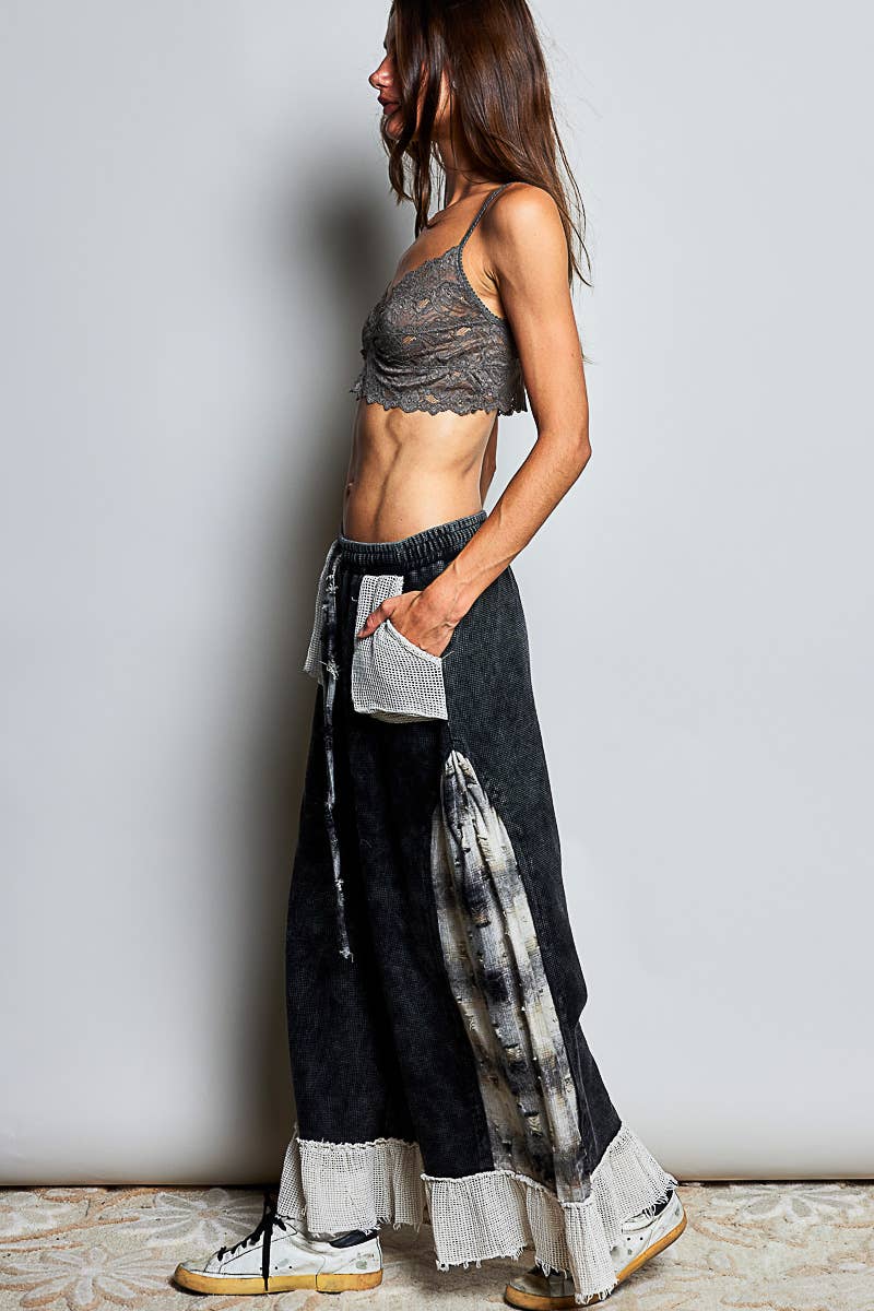POL Patchwork Tie‑Dye Wide‑Leg Pants – Black Boho Drawstring Bottoms | Boho Boutique Clothing