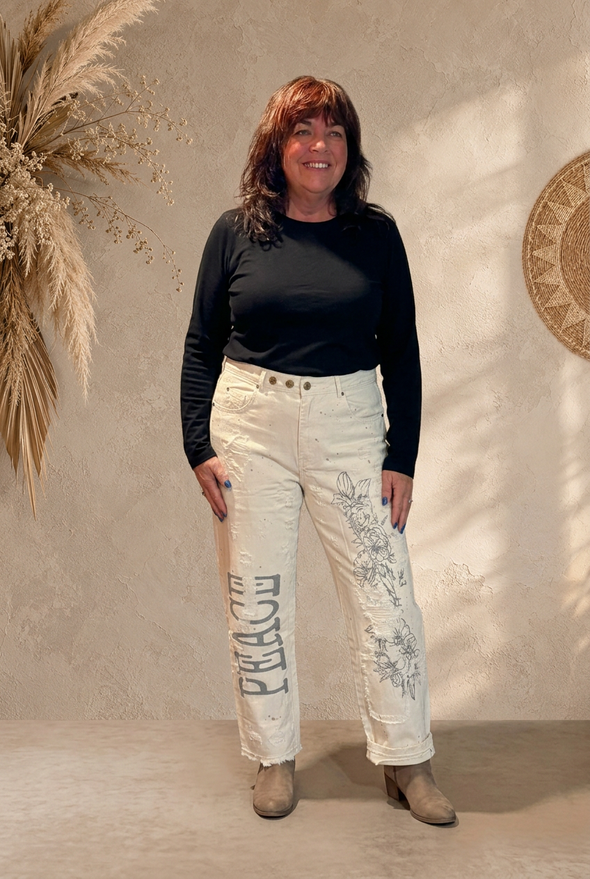 Peace and Love Jeans - Parchment Peace - Cotton Barrel Pants – Cream Graphic Print Boho Lounge Pants | Boho Boutique Clothing